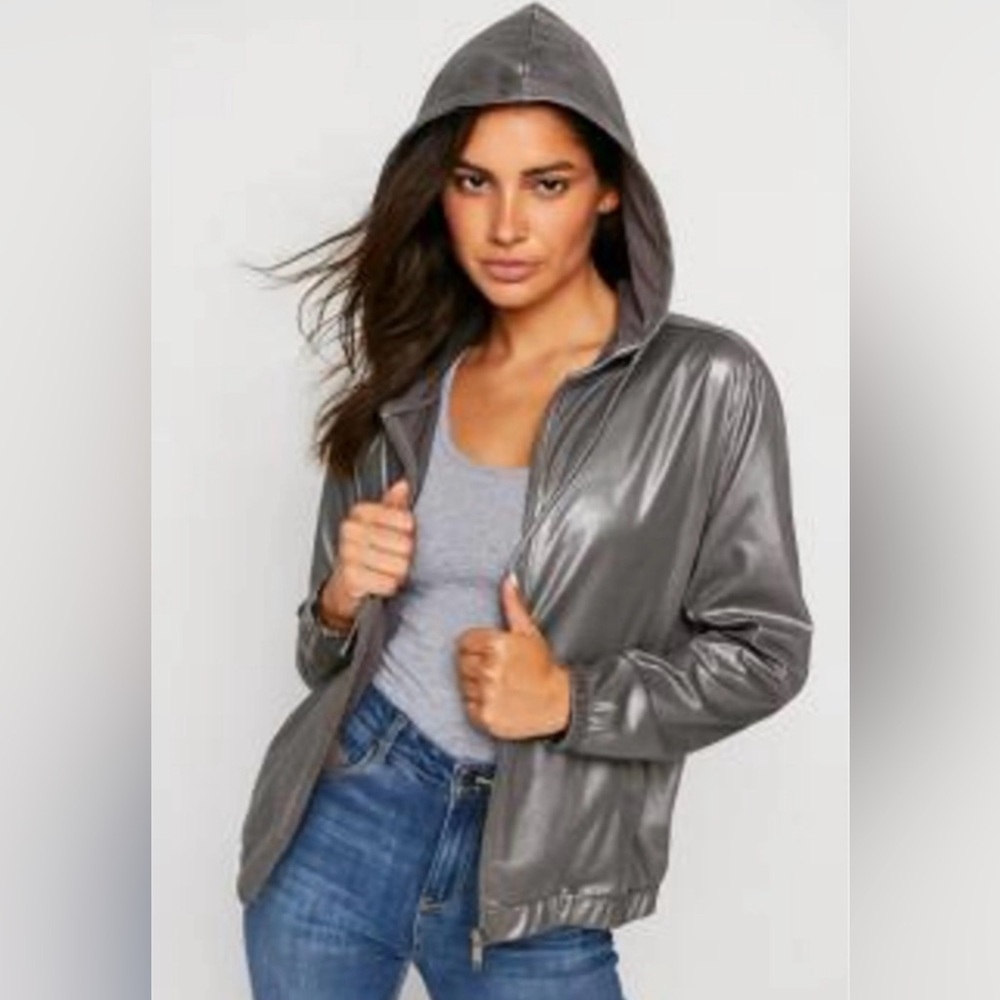 Metallic Gray Hooded Bomber Jacket XL 2X Futuristic Festival Pockets Coachella - Picture 14 of 14